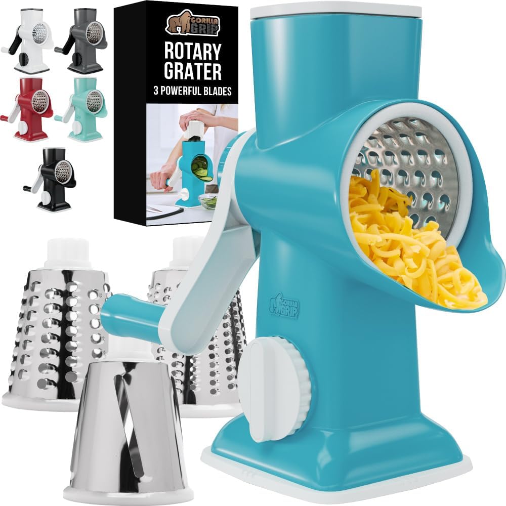 GORILLA GRIP BPA-Free Rotary Cheese Grater Hand Crank, Easy to Set Up, Strong Suction Base for Kitchen Countertop, Shred Potato, Vegetable, Nuts in Seconds, Round Mandoline Slicer, 3 Blades, Turquoise
