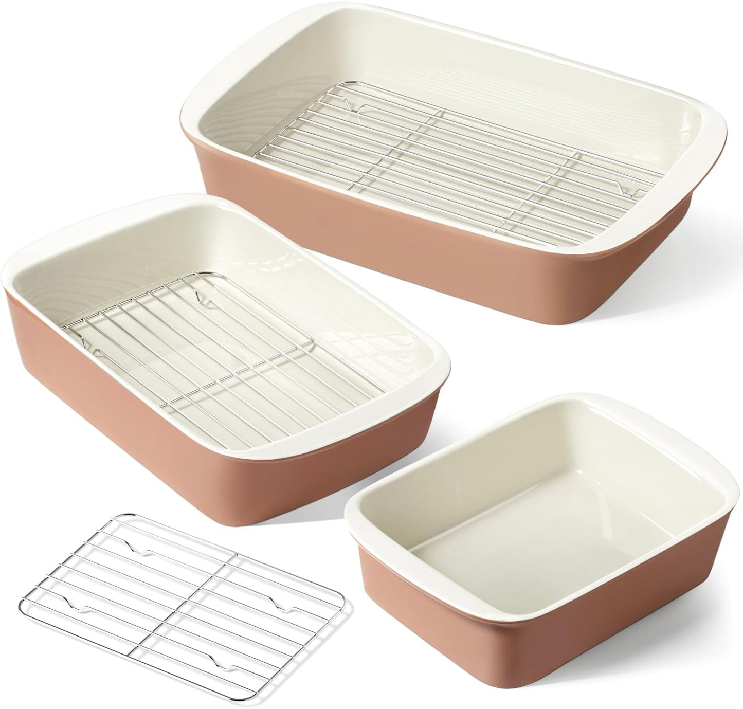 LE TAUCI Deep Casserole Dishes for Oven, 13.7”x9.6” Ceramic Baking Dish Set with Roasting Racks, Large Lasagna Pans with Handles, Rectangular Bakeware as Gift for Mom, Dusty Pink(4.6QT/3.0QT/1.6QT), Set of 3