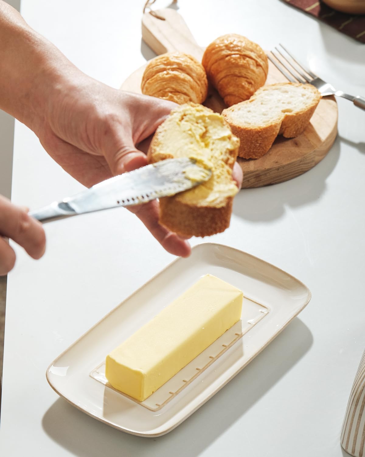 Getstar Ceramic Butter Dish with Lid and Stainless Steel Knife for Countertop, with Magnet to Attract Knife, Fit both West East Coast Butter