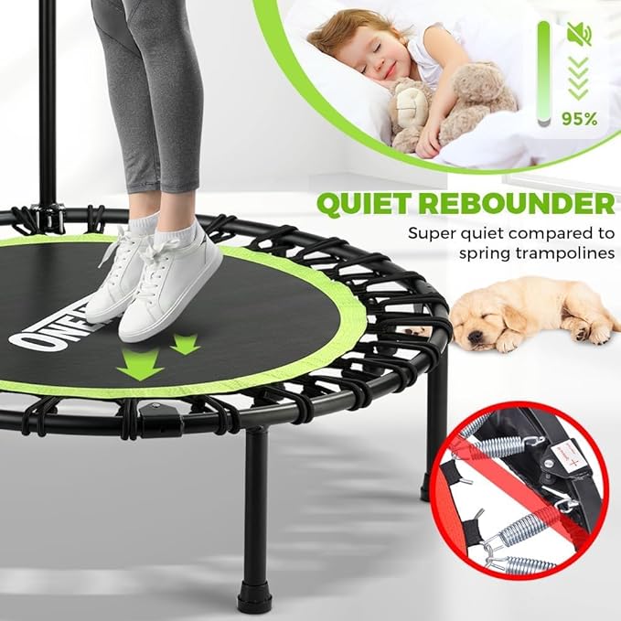 ONETWOFIT Foldable Rebounder Trampoline for Adults, 40/42/45” Mini Fitness Trampoline W/Adjustable Foam Handle Bungees, Quiet Exercise Trampoline for Personal Indoor Workout