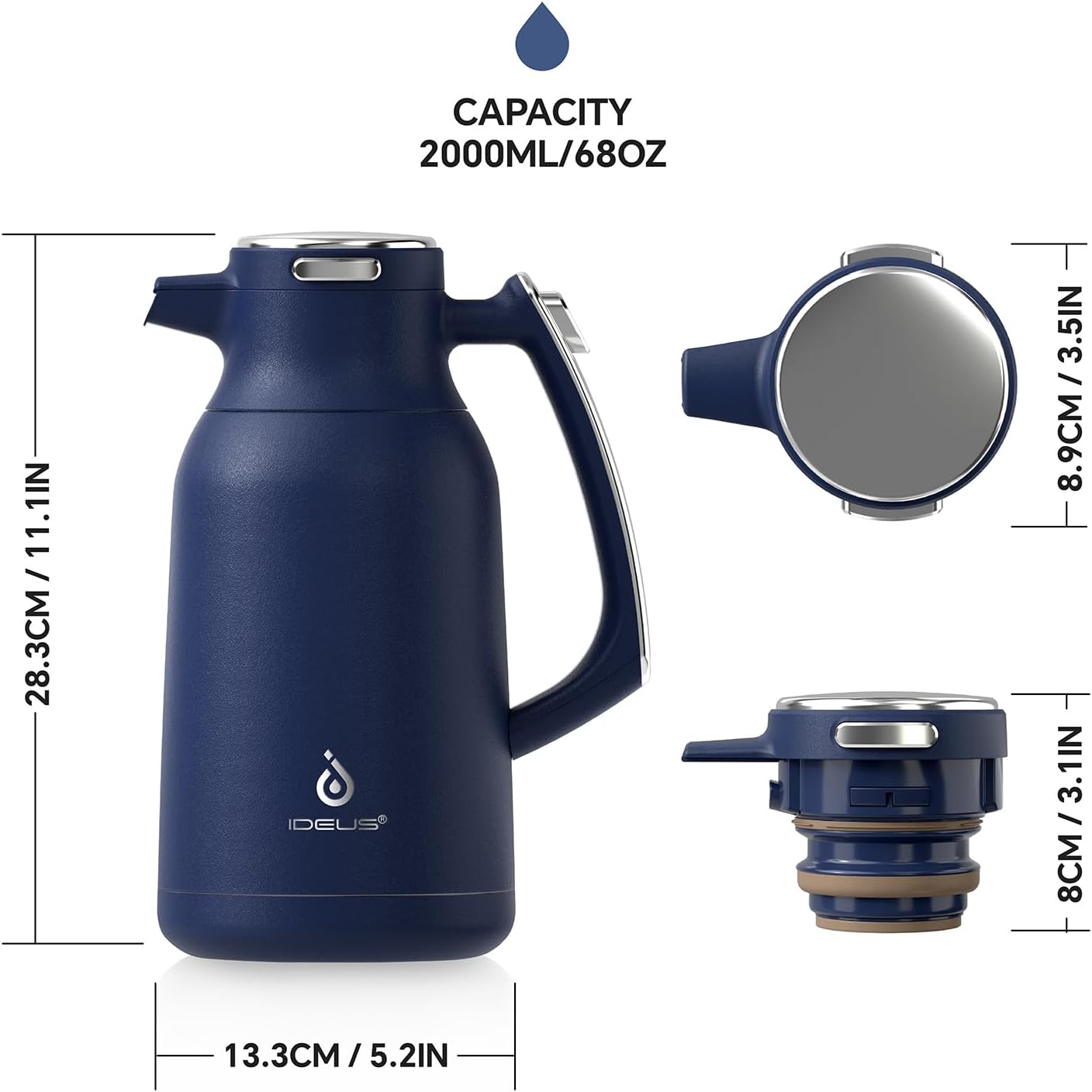 IDEUS Thermal Coffee Carafe 68oz (2,000ml), Stainless Steel Double Wall Insulated Vacuum Flask, Water Jug Coffee Server and Beverage Dispenser, Heat and Cold Retention (Navy Blue, 68oz (2,000ml))