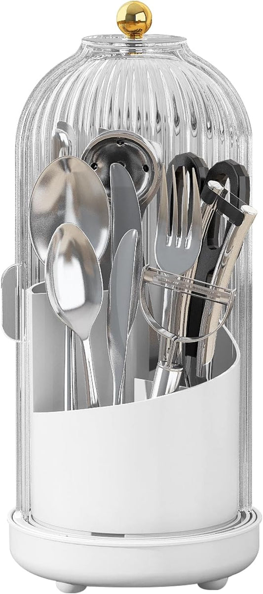 JEESA Utensil Holder with Lid, 360° Rotating Flatware Organizer for Cutlery Spoon Fork(H Less 8"), Silverware Caddy Organizer Drainage Dustproof Flatware Holder Kitchen Countertop Storage, White
