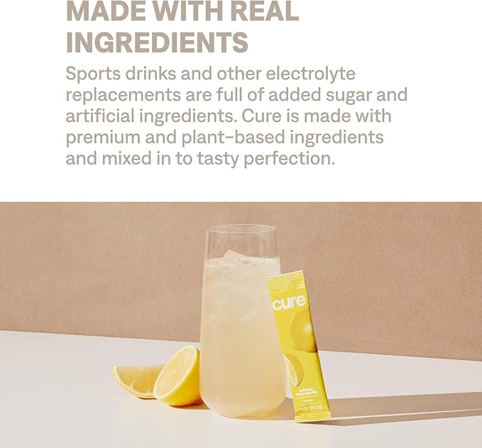 Cure Hydration | Plant-Based Electrolyte Drink Mix | No Added Sugar | FSA-HSA | Dehydration Relief Powder Made with Coconut Water | Non-GMO | Vegan | 28 Servings Jar - Lemonade