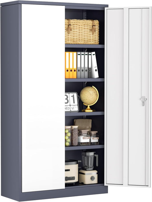 INTERGREAT Storage Cabinet, 72” Steel Locking Closet with Doors and 4 Adjustable Shelves, Tool Unit for Home Office, Garage & Tall Lockable File Cabinet, Grey White.