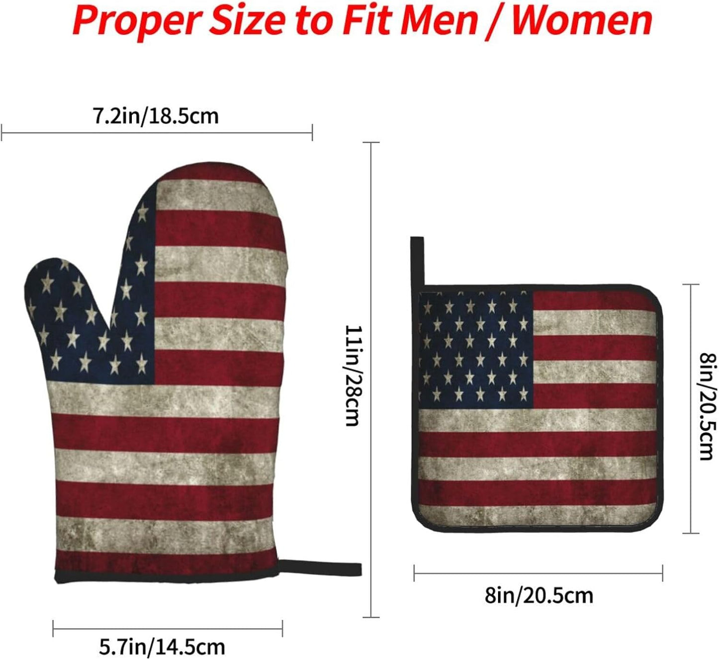 Retro American Flag Oven Mitts and Pot Holders Sets of 4 High Heat Resistant Oven Mitts with Oven Gloves and Hot Pads Polyester Potholders for Kitchen Baking Grilling Non-Slip Cooking Mitts