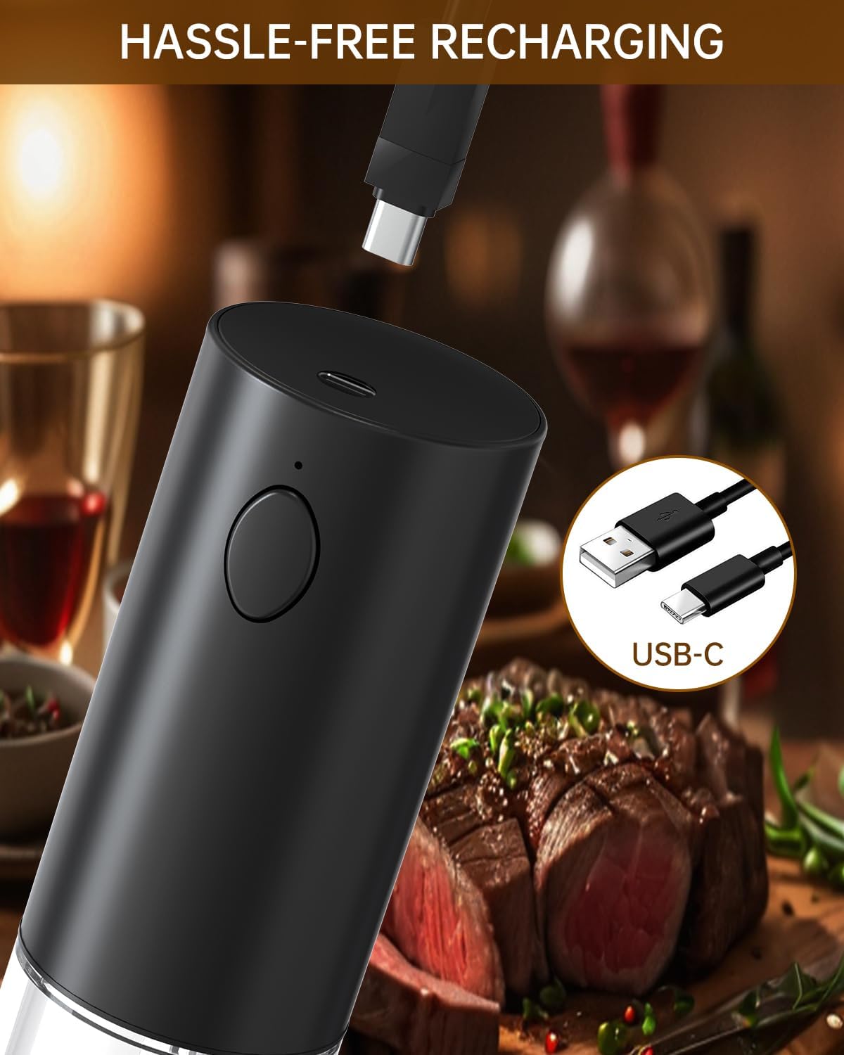 CIRCLE JOY Rechargeable Electric Pepper Grinder, Salt Grinder Pepper Mill with Washable 95ml Container, White LED Light and External Adjustable Coarseness, Black