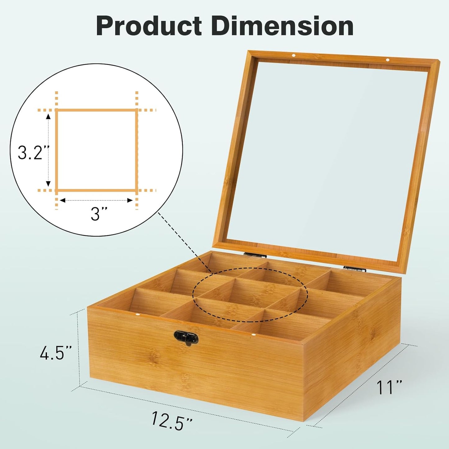 Wood Tea Bag Organizer Tea Storage Box with Clear Acrylic Top Window & 9 Compartments Tea Bag Holder for Home Office Gift (Brown)