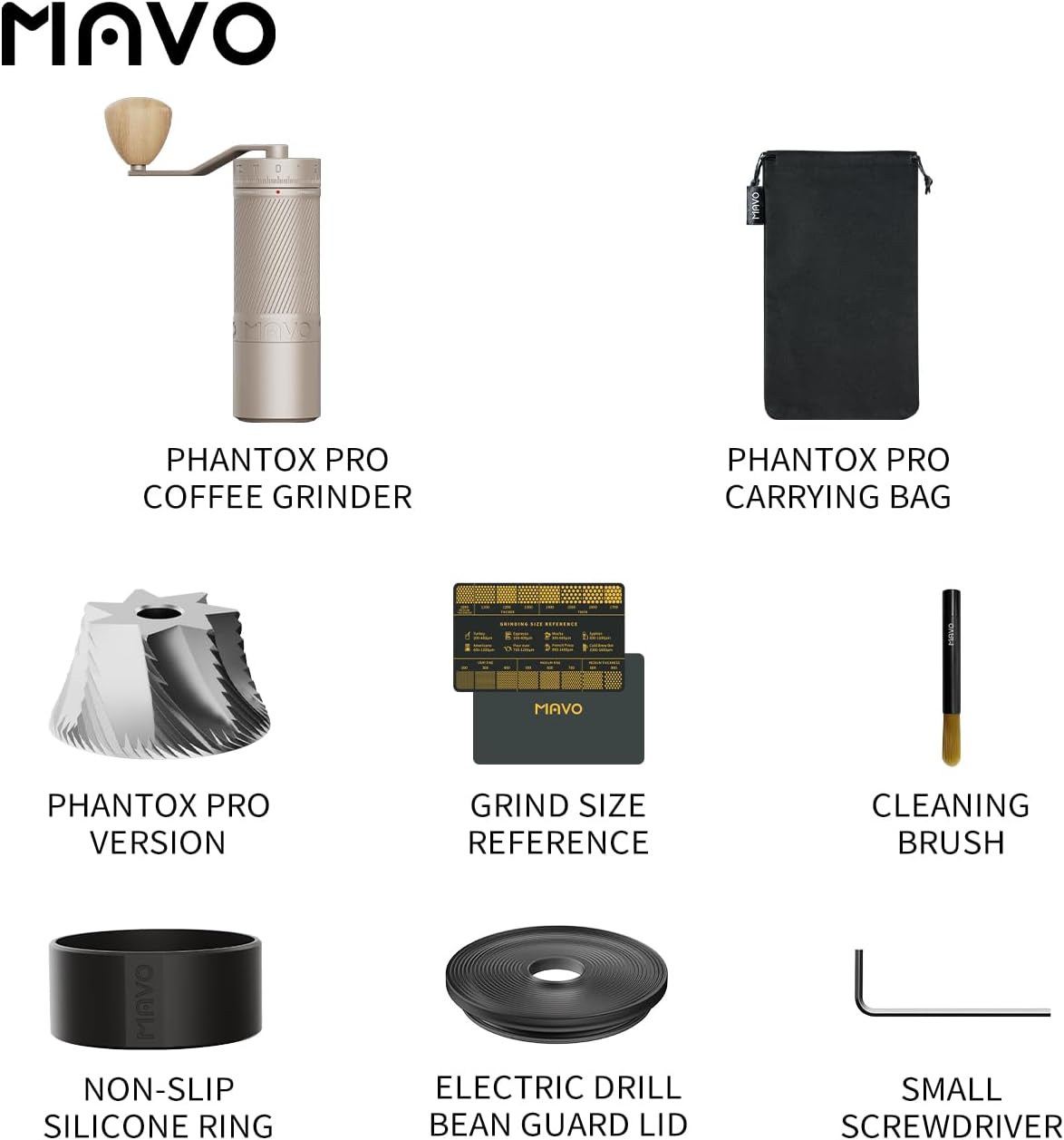 MAVO Manual Coffee Grinder, Phantox Pro Burr Coffee Grinder, Professional 45mm Stainless Steel Grinding Core, Capacity 30g, 120 Clicks Adjustment, Hand Coffee Grinder for Espresso, Pour Over, Silver