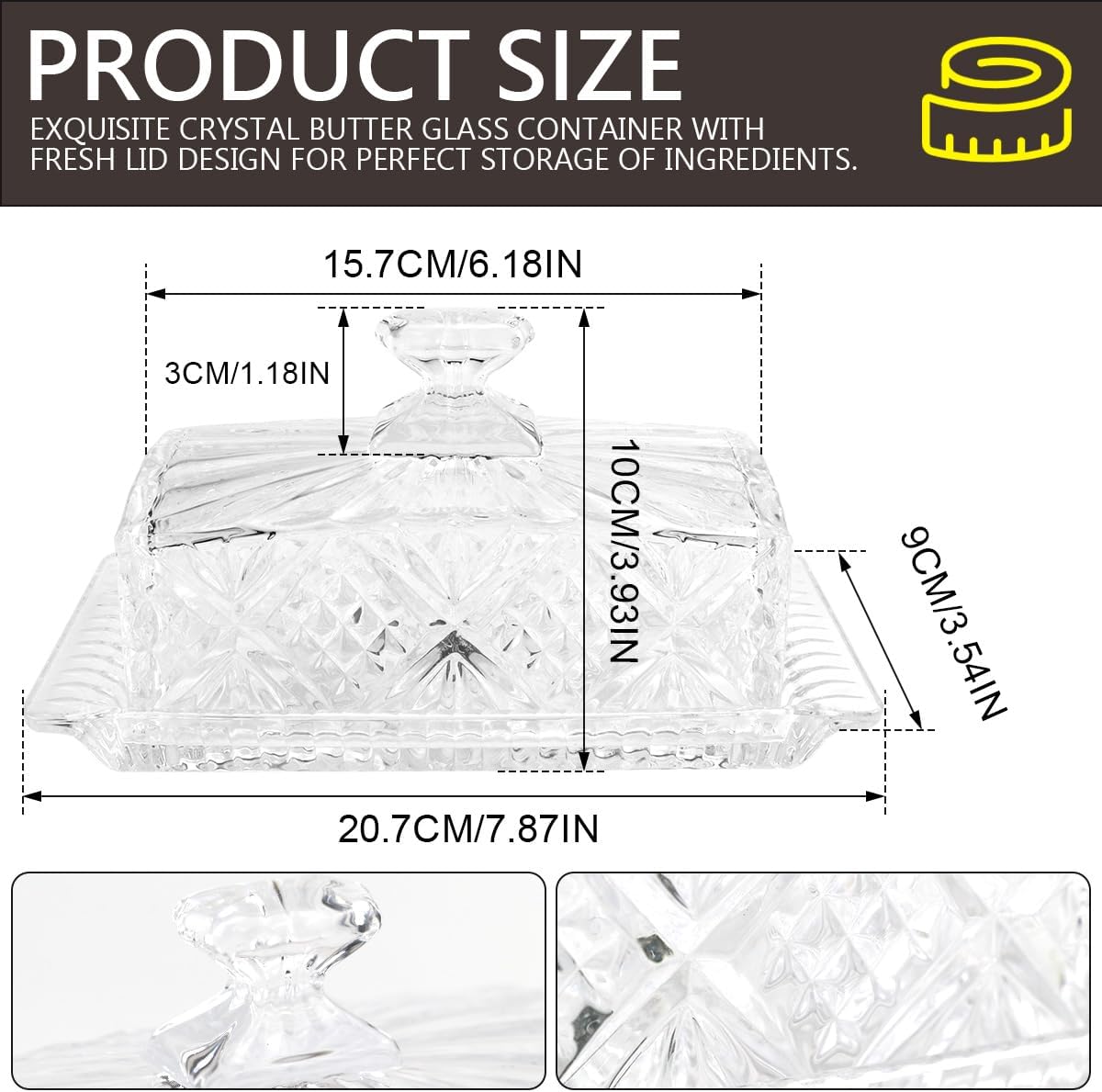 Glass Butter Dish with Lid Handle Butter Keeper Dessert Tray Cake Plate Crystal Covered Butter Dish for Home Kichen Candy, Dessert, Parfait, Jam