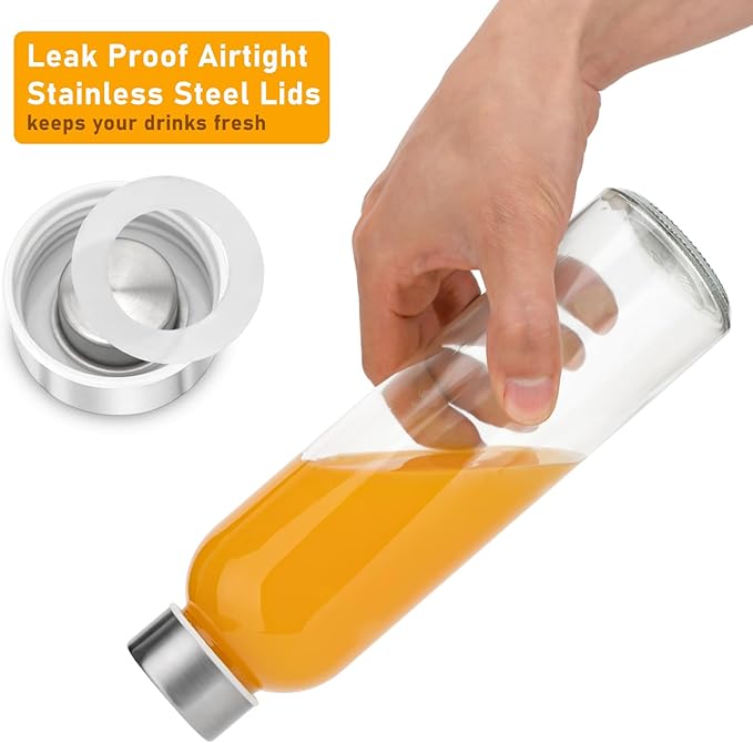 Sursip 18oz Glass Water Bottle Set of 6, Clear glass juice bottle for juicing，Reusable Drinking Bottles with Stainless Steel Lid，Beverage Storage Containers for Refrigerator-BPA Free，Leak Proof