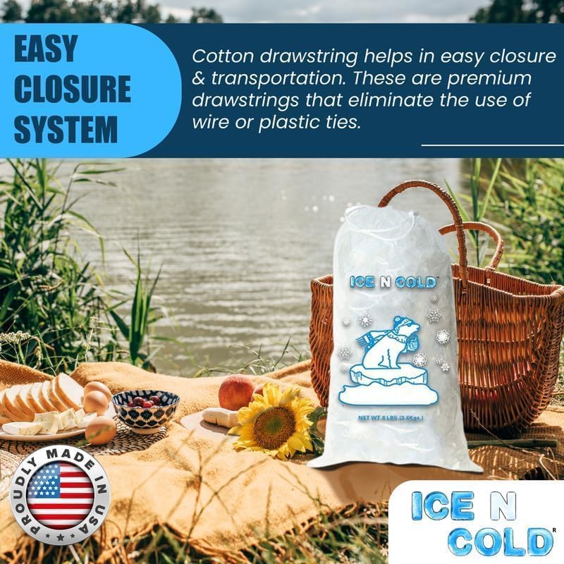 Ice Bags with Drawstring Closure | 20lb, 100ct/cs | 50 mic Thickness | Portable Storage and Freezer Keeper