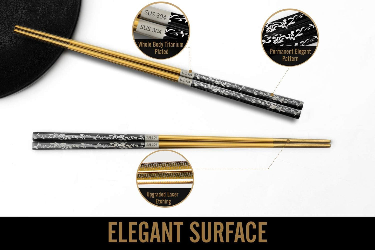 Chopsticks Reusable Titanium Plated Metal Chopsticks 304 Stainless Steel Chopstick Dishwasher safe Japanese Korean lightweight Engraved Anti-slip Chop sticks for Eating 2 Pairs Gift Set Black Gold