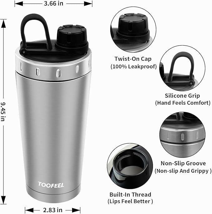 TOOFEEL Protein Shaker Bottle 20 oz - Double Walled Insulated Vacuum Cup for Protein Shakes, Keeps Cold/Hot, Metal Stainless Steel, Preworkout Gym