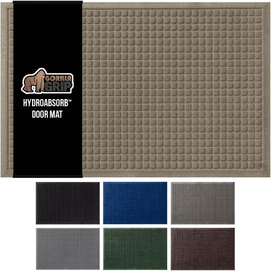 GORILLA GRIP Front Door Mat, Indoor Outdoor Ultra Absorbent HydroAbsorb Doormat, Absorbs Up to 1.7 Cups of Water, Stain and Fade Resistant, Rubber Backing Doormats, Captures Dirt, 29x17 Beige
