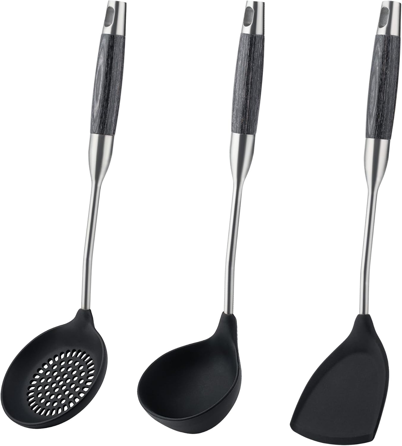FJNATINH Silicone Wok Spatula,Ladle,Skimmer Tool Set - Stainless Steel Wok Tools, Wok Utensil,Non Stick Heat-Resistant Cooking Utensils BPA Free Kitchen Utensils Cookware (Black Stainless Steel-3PCS)