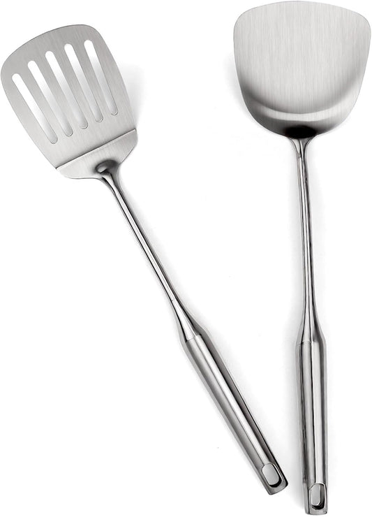 304 Stainlss Steel Kitchen Utensils Set, 2 Pcs Long Metal Utensils Set with spatula, slotted spatula turner (Dishwasher Safe)