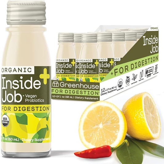 Greenhouse Juice Organic Inside Job Wellness Shots, Cold Pressed Digestive Aid with Apple Cider Vinegar, Lemon, Shots Juice Vegan & Gluten-Free (2 Oz, Pack of 12)