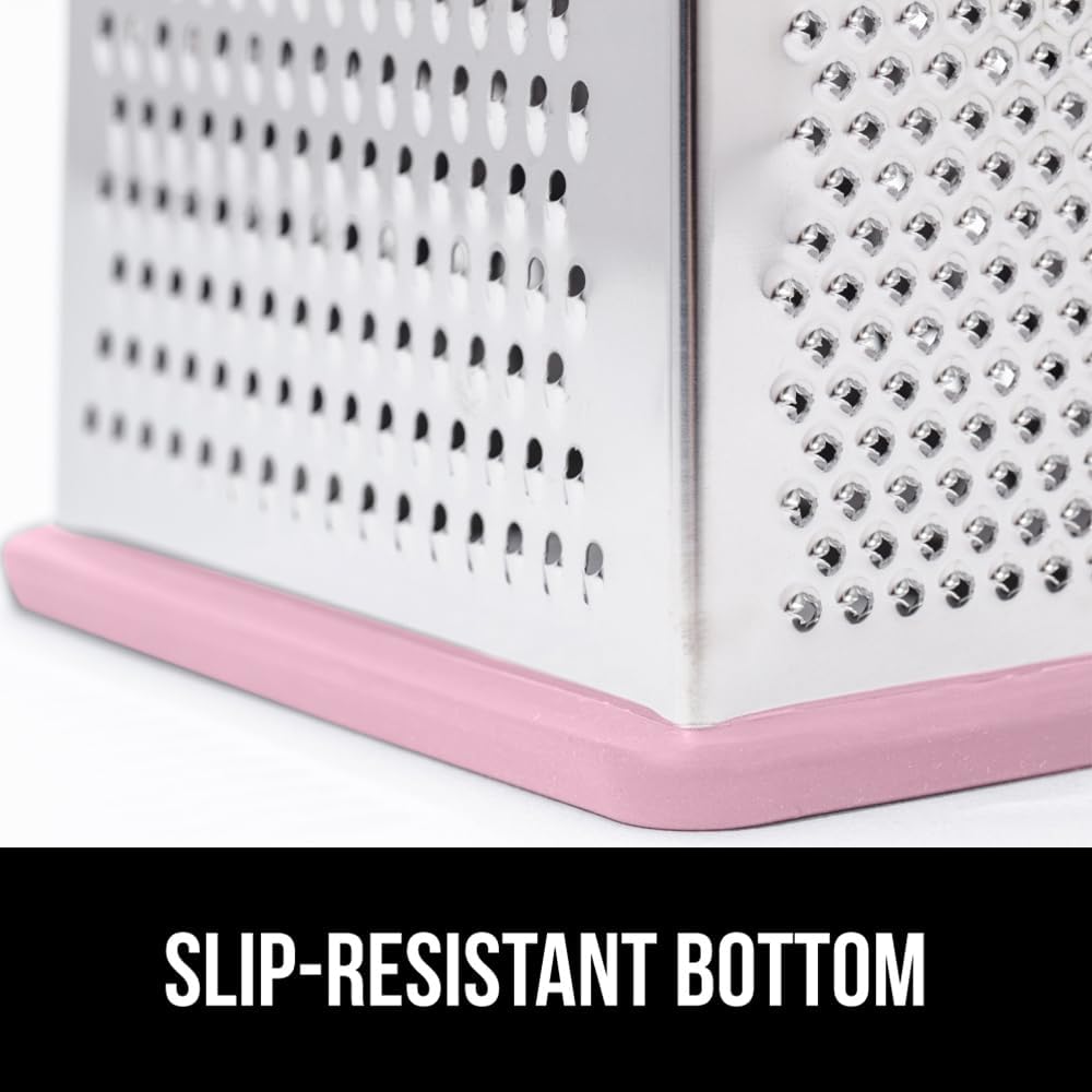 GORILLA GRIP 4-Sided 100% BPA-Free Cheese Grater With Container, Stainless Steel XL Box Graters, Parmesan Shredder, Grate Cheeses, Shred Veggies, Slip Resistant Handle, Dishwasher Safe Zester, Pink