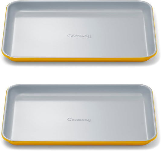 Caraway Nonstick Ceramic Small Baking Sheet Duo (9x13”) – Non-Toxic, PTFE & PFOA Free – Oven Safe – Aluminized Steel Core – Mini Sheet Pan for Baking, Roasting & More - Marigold