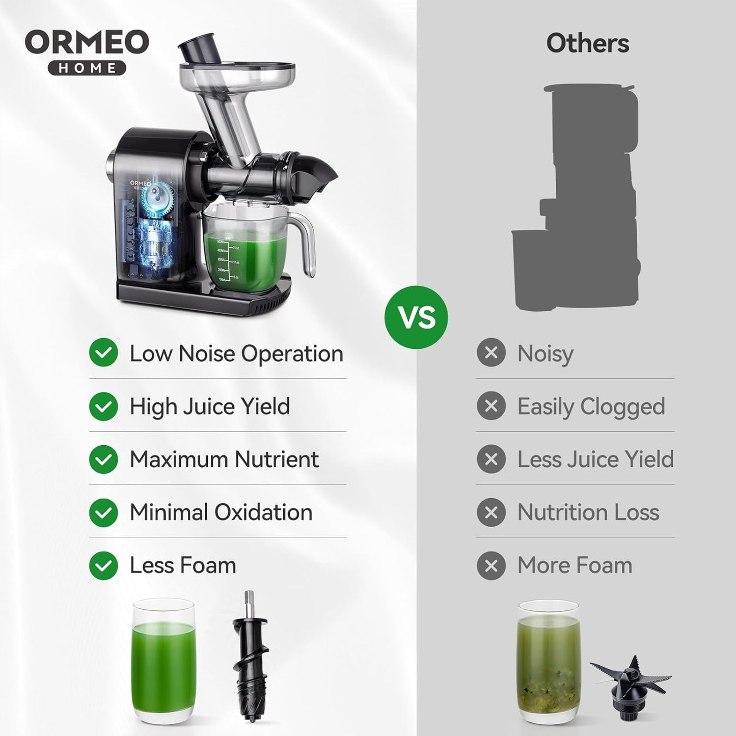 Juicer Machines,ORMEO HOME Cold Press Juicer with Single Knob Control,3.60"Large Feed Chute For Vegetable and Fruit,Masticating Juicers Easy to Clean,BPA-Free,High Juice Yield (Black)