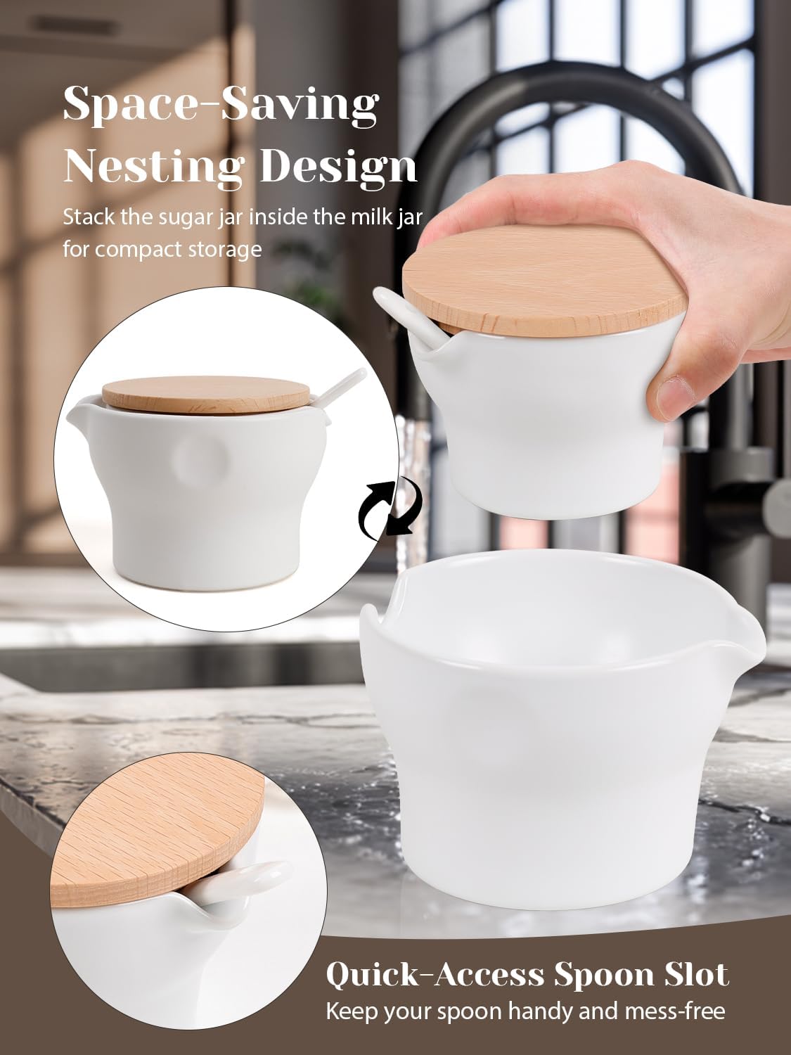 INGOFIN Ceramic Sugar and Creamer Set with Lid and Spoon, 3-Piece Porcelain Creamer Pitcher Milk Jug and Sugar Bowl for Coffee Bar, Tea Time, Kitchen Serving,3.5oz & 6oz, Dishwasher Safe, Modern White