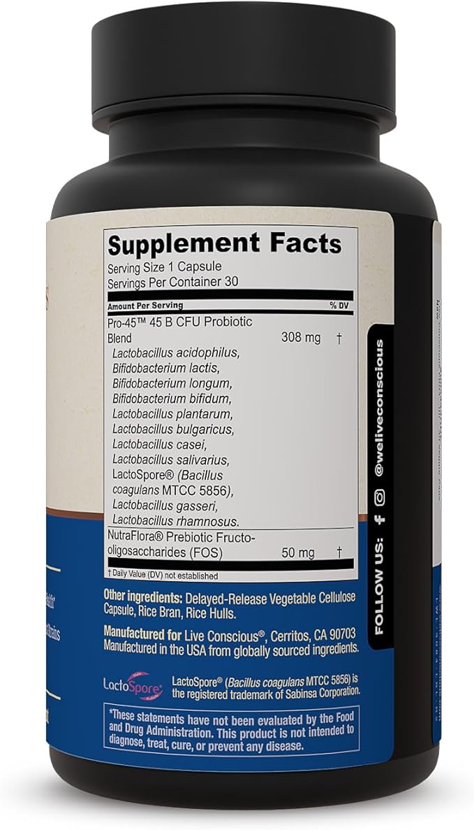 Live Conscious PRO45: Probiotic Formula, 45 Billion CFU, 11 Comprehensive strains. Dairy Free. Delayed Release Veggie caps. Promotes Immune and Digestive Health. 60 Capsules (2-Pack)