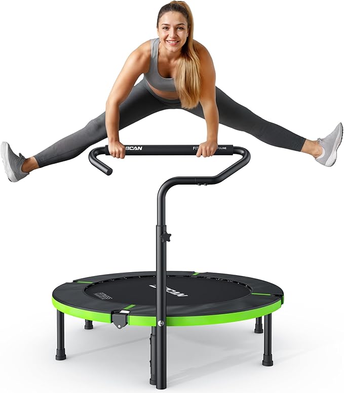 BCAN 40"/48" Foldable Mini Trampoline, Rebounder Trampoline for Adults, U/T Shape Adjustable Foam Handle, Exercise Rebounder for Adults Indoor/Garden Workout, Max Load 330lbs/440lbs