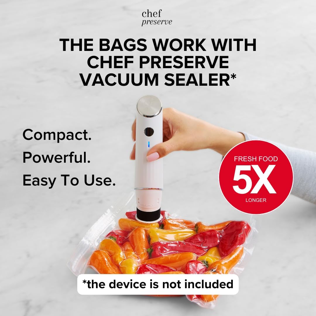 Chef Preserve Reusable Vacuum Sealer Bags for Food – 30 BPA-Free Food Storage Bags, Freezer, Microwave – Odor-Resistant, Leak-Proof – Compatible with Chef Preserve Vacuum Sealers