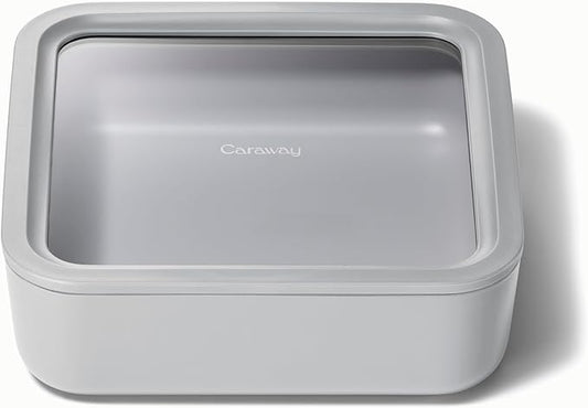Caraway Glass Food Storage, 10 Cup Glass Container - Ceramic Coated Food Container - Non Toxic, Non Stick Lunch Box Container with Glass Lids. Dishwasher, Oven, & Microwave Safe - Square Shape - Gray