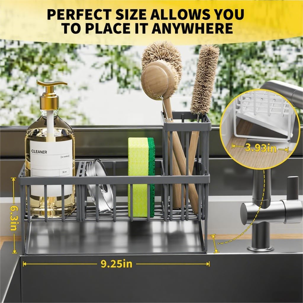 Cisily Sink Caddy Organzier with High Brush Holder, Sponge Holder for Sink, 304 Rustproof Stainless, Kitchen Countertop Soap Dispenser Organizer, Dark Gray Kitchen Decor and Accessories