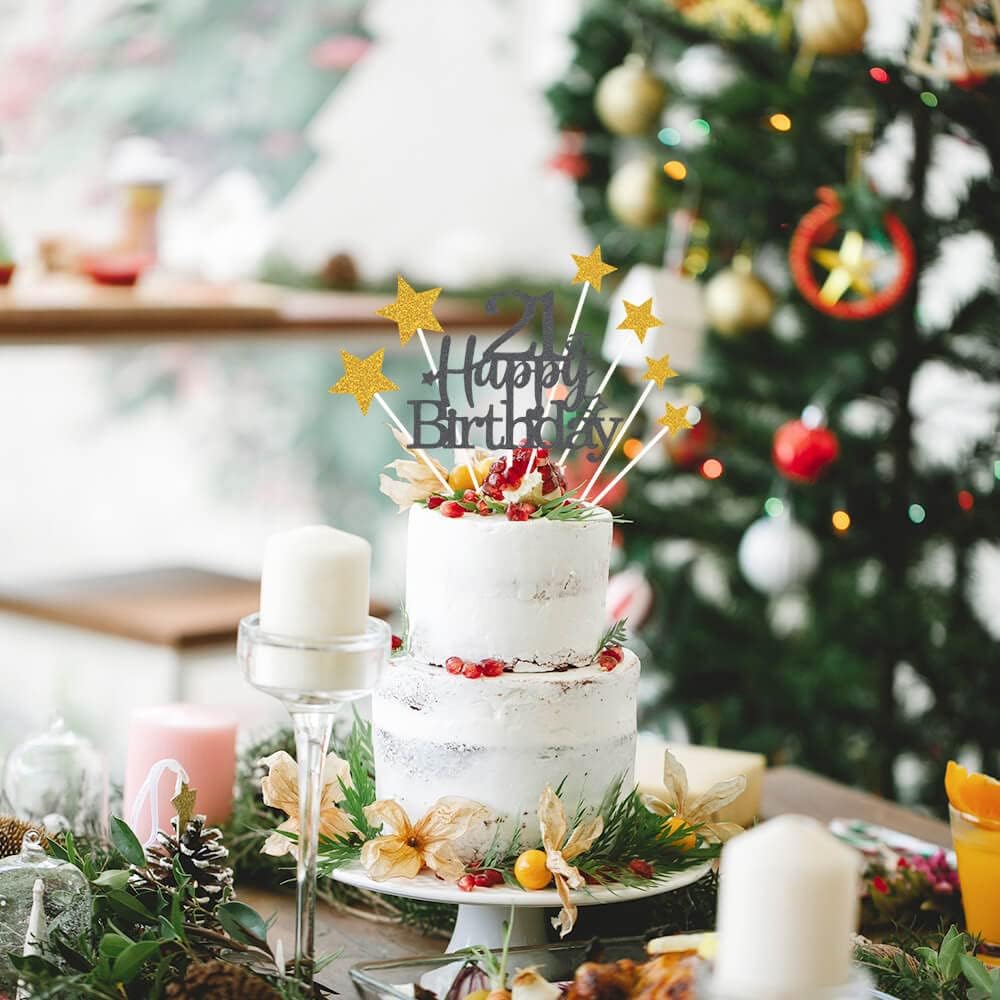 Glittery 21st Happy Birthday Cake Topper with Star,Personalised 21 Birthday Cake Toppers Party Decorations Party Supplies for Boys Girls Black Gold