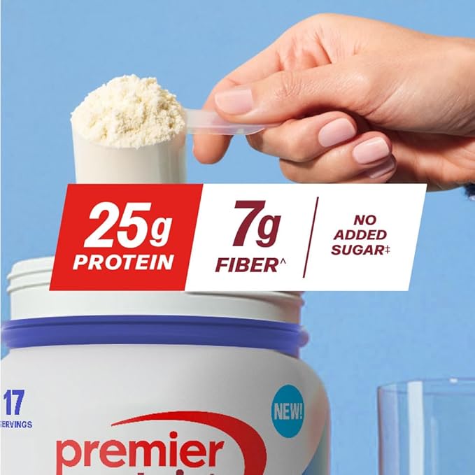 Premier Protein Powder Plus Fiber, 25g Protein, 7g Fiber, Vanilla, No Added Sugar,17 Servings