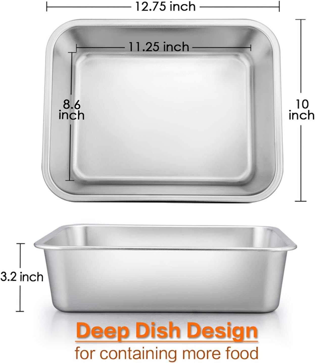Deep Lasagna Pan, E-far Stainless Steel Rectangular Roasting Baking Pans, 12.75 x 10 x 3.2 Inches Roaster Baking Dish, Non-Toxic & Heavy Duty, Dishwasher Safe