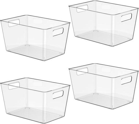 4 PCS Clear Plastic Storage Bins, Refrigerator Organizer Bins with Handles, Pantry Organizer Bins for Food, BPA-Free for Fridge, Freezer, Kitchen, Cabinet, Pantry, 10" Long