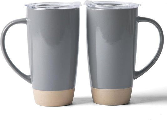 famiware Milkyway Coffee Mugs, 20oz Large Coffee Mug, Ceramic Mug Set of 2 with Lid, Cup Set with Handle for Latte, Tea, Cocoa, Milk, Home & Office, Dark Gray