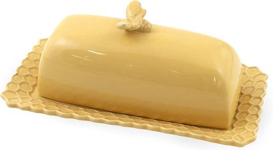 Boston International Stoneware Butter Dish & Lid, 8 x 4-Inches, Honeycomb