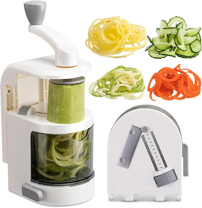 Vegetable Spiralizer 4-IN-1 Rotating Blade Veggie Spiralizer Zucchini Noodle Maker with Strong Suction Cup Spiral Vegetable Cutter Slicer - White