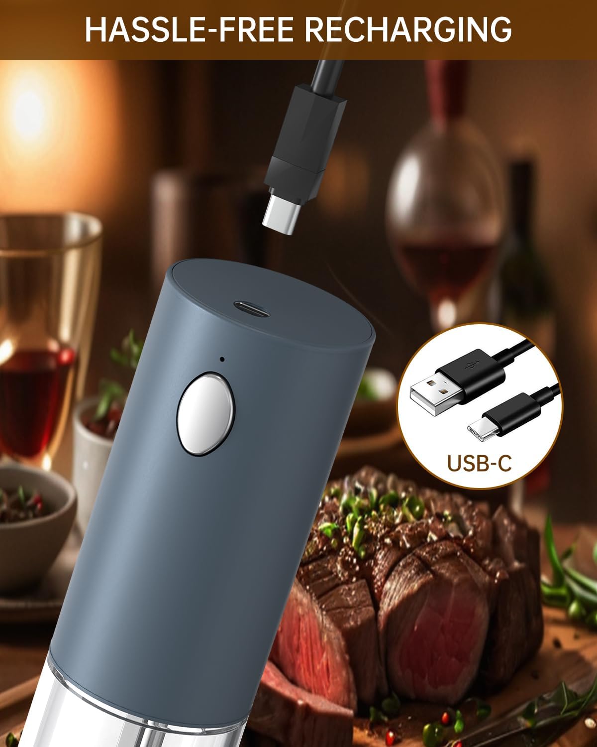 CIRCLE JOY Electric Salt and Pepper Grinder Set Rechargeable Salt and Pepper Mills with Storage Base, Adjustable Coarseness and LED White Light, Washable 95ml Container, Blue