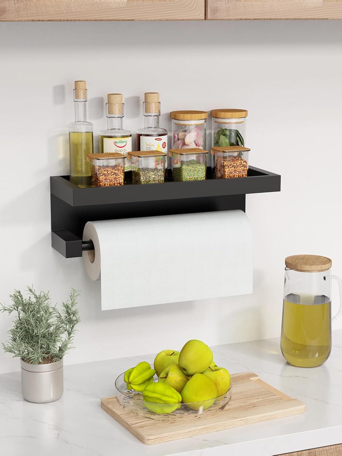 3-in-1 Paper Towel Holder Magnetic Adhesive Wall Mount - Paper Roll Holder with Shelf Under Cabinet, Kitchen Essentials for New Home Apartment Decor, RV Camper Organization Must Haves, Black