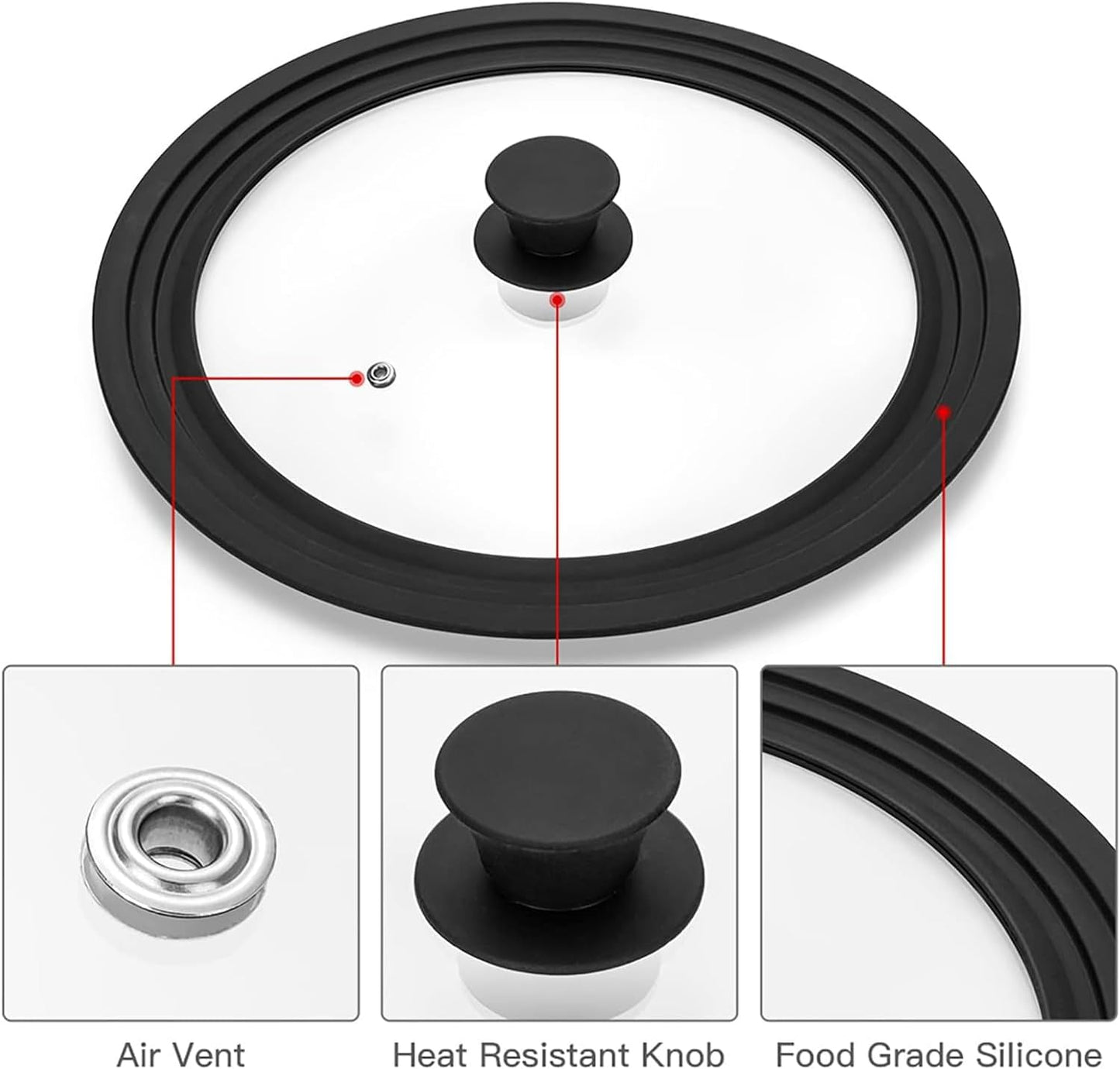 Universal Lid for Pots, Pans and Skillets, Tempered Glass Lid fit 9.5", 10", 11" Skillets, Pots, Frying Pans, Cast Iron, Crock Pot and Other Glass Covers Replacement