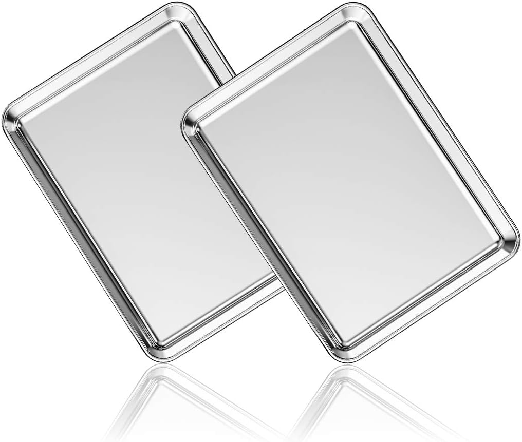 Stainless Steel Baking Sheet Set of 2, Deedro Cookie Sheet Metal Baking Pan Oven Tray, Non Toxic & Heavy Duty, Rust Free & Mirror Finish, Easy Clean & Dishwasher Safe, 9 x 7 x 1 Inch