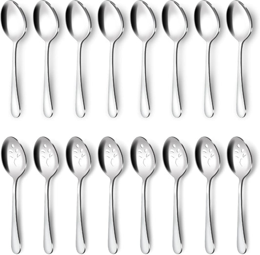 BEWOS 16-Piece Serving Utensils Set, 8 Spoons & 8 Slotted Spoons, 9.1-Inch, Stainless Steel, Dishwasher Safe, Perfect for Parties & Buffets