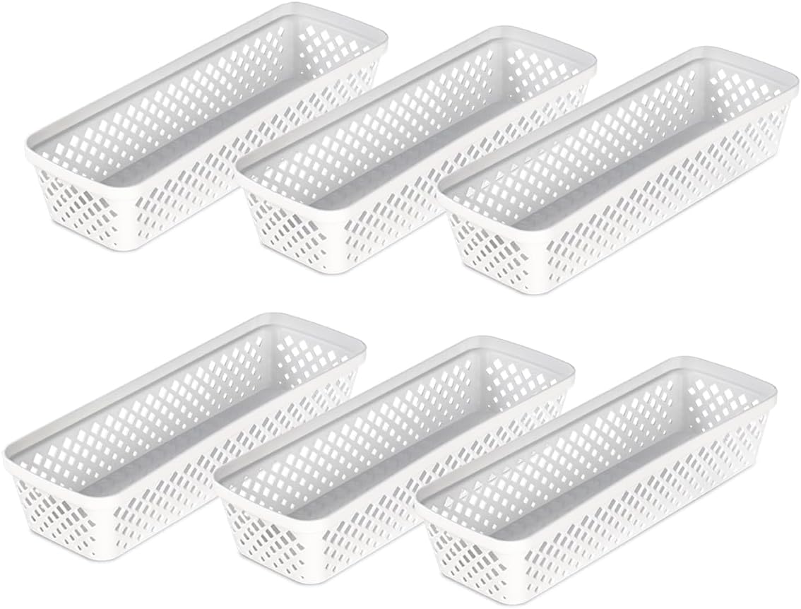 Glad Plastic Storage Basket Set - Multipurpose Drawer Trays, Kitchen Pantry Containers, and Bathroom Bins - 6 Pack Narrow Organizers, White