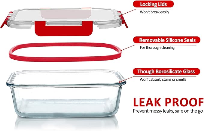 M MCIRCO 24-Piece Glass Food Storage Containers with Locking Lids,Glass Meal Prep Containers Set - Airtight Lunch Containers, Microwave, Oven, Freezer and Dishwasher, Red