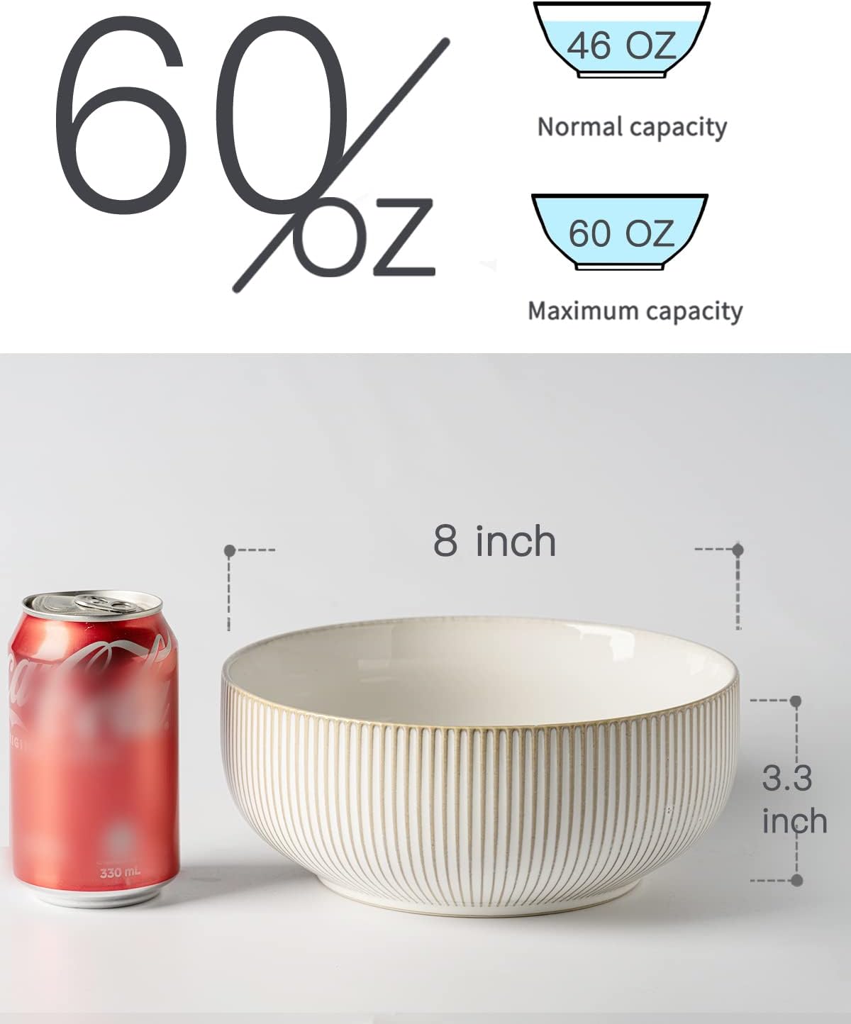 getstar Large Serving Bowls (8 inch & 60 fl oz), Ceramic Salad Bowl Set of 2, Microwave and Dishwasher Safe, Farmhouse Kitchen Decorative Bowls Set (Embossed Checks & Stripes)