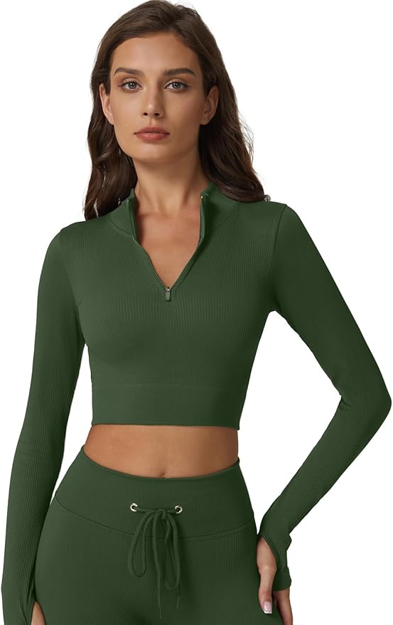 QINSEN Workout Sets for Women 2 Piece Seamless Long Sleeve Crop Tops Ribbed High Waist Leggings