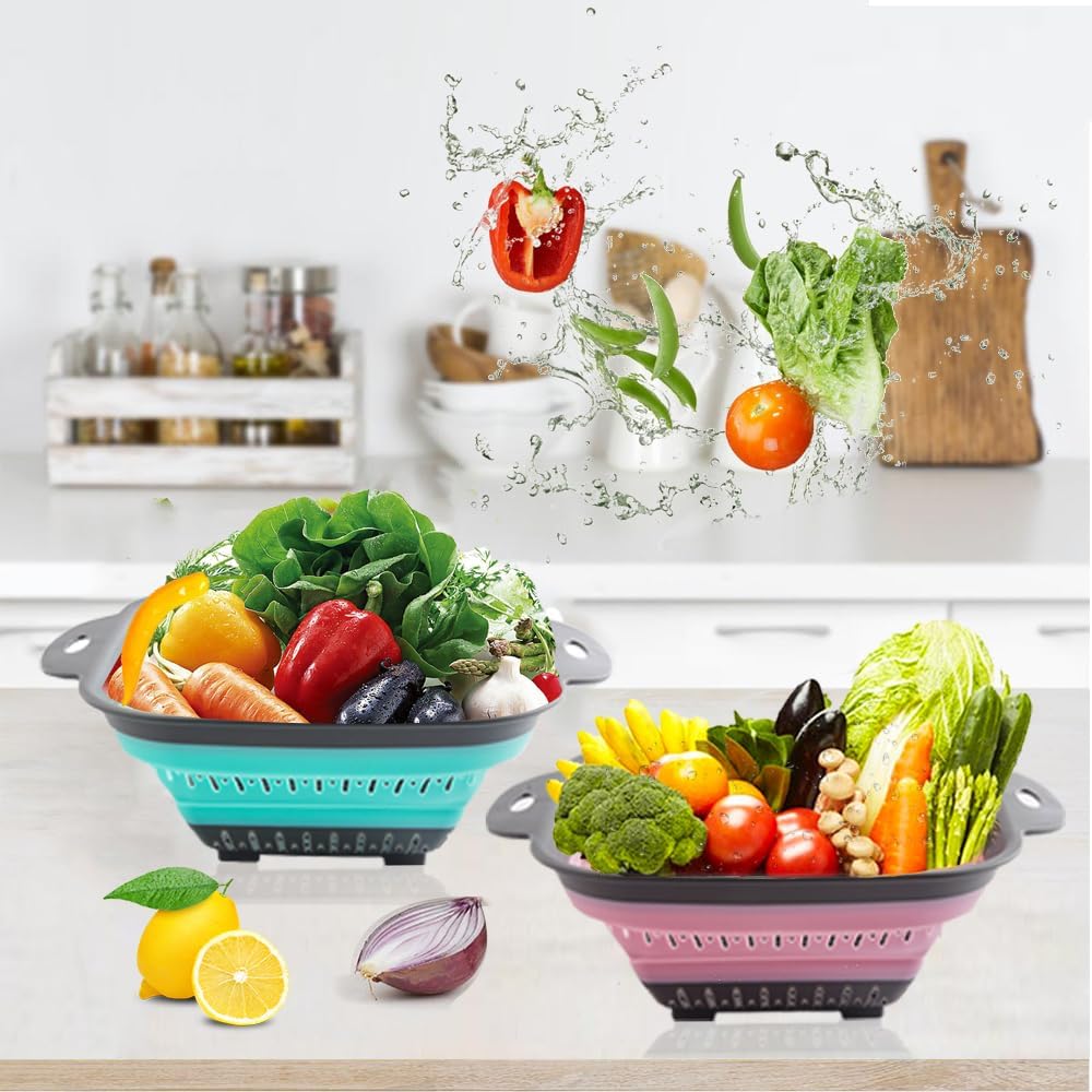 Collapsible Colander Set, Square Round Triangles Silicone Kitchen Strainer Perfect for Draining Pasta Vegetable fruit 2 PCS (10.8"L x 8.6"W x 2"H, Red & Green)