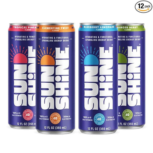 Sunshine Sparkling Energy Drink, Variety Pack with Daily Essential Vitamins, 360mg of Electrolytes, 70mg of Natural Caffeine, 12 Fl Oz (Pack of 12)