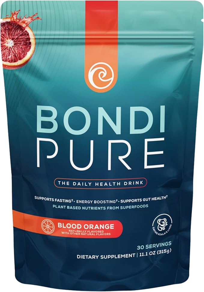 Bondi Pure - Daily Health & Detox Drink - Promote Gut Health & Energy Support During a Cleanse or Intermittent Fasting - Plant-Based Fibers, Alkalizing Super Greens - Blood Orange (30 Servings)
