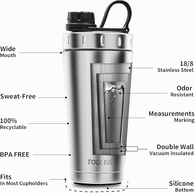 TOOFEEL Protein Shaker Bottle 20 oz - Double Walled Insulated Vacuum Cup for Protein Shakes, Keeps Cold/Hot, Metal Stainless Steel, Preworkout Gym